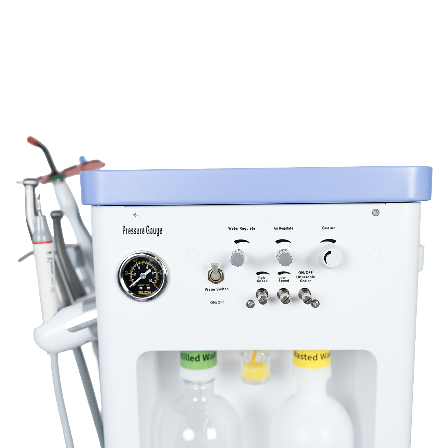 AP202-1 portable dental unit control panel — pressure gauge, water regulate, air regulate and scaler knobs