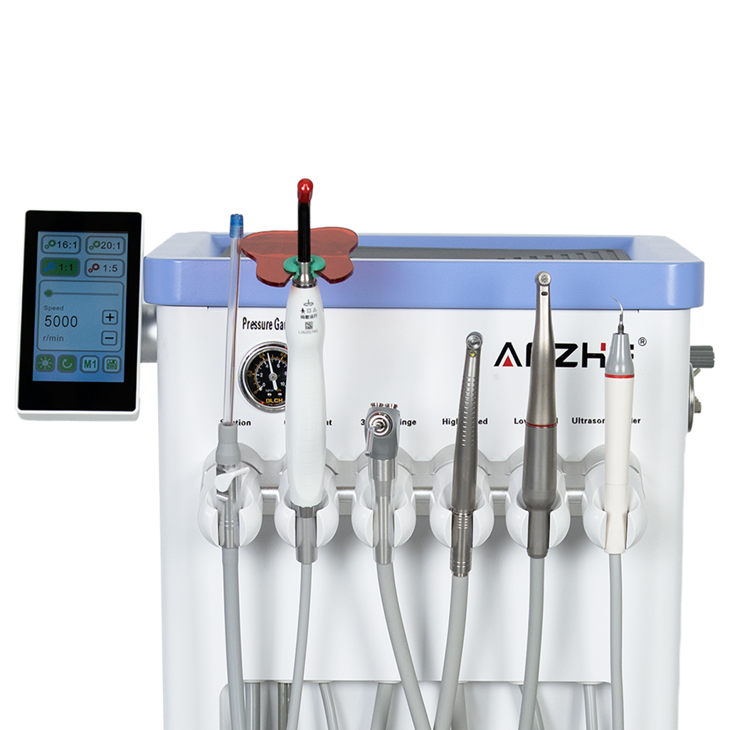 AP202-1 portable dental unit handpiece holder with touchscreen speed control — suction, three-way syringe, high-speed handpiece, low-speed handpiece and ultrasonic scaler