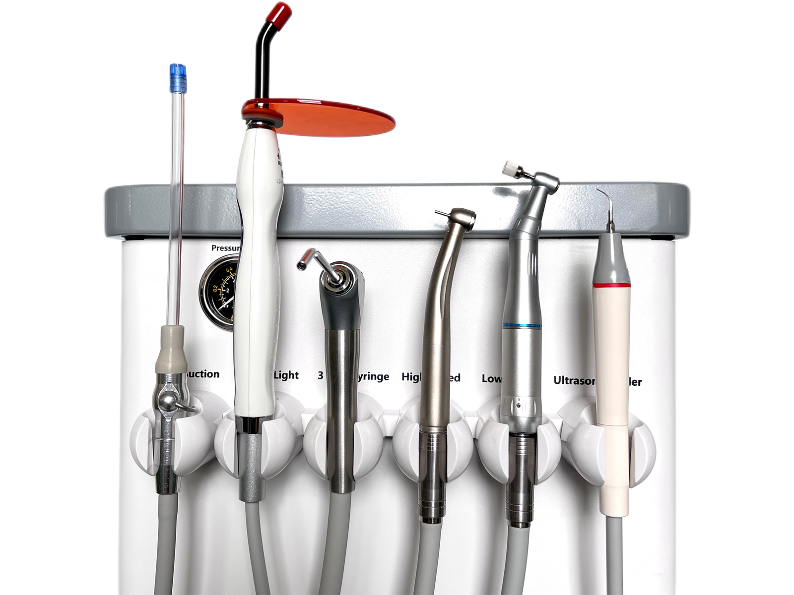 AZ-AP202-2 instrument holder with high speed handpiece, low speed handpiece, LED curing light, and ultrasonic scaler