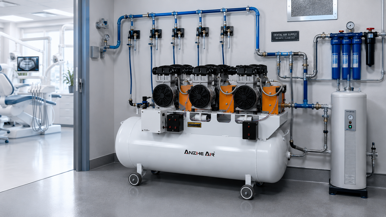 AZ-FB150B Installed in a Modern Dental Clinic Air Supply Room AZ-FB150B Dental Air Compressor with Dryer Installed in Modern Dental Clinic Air Supply Room