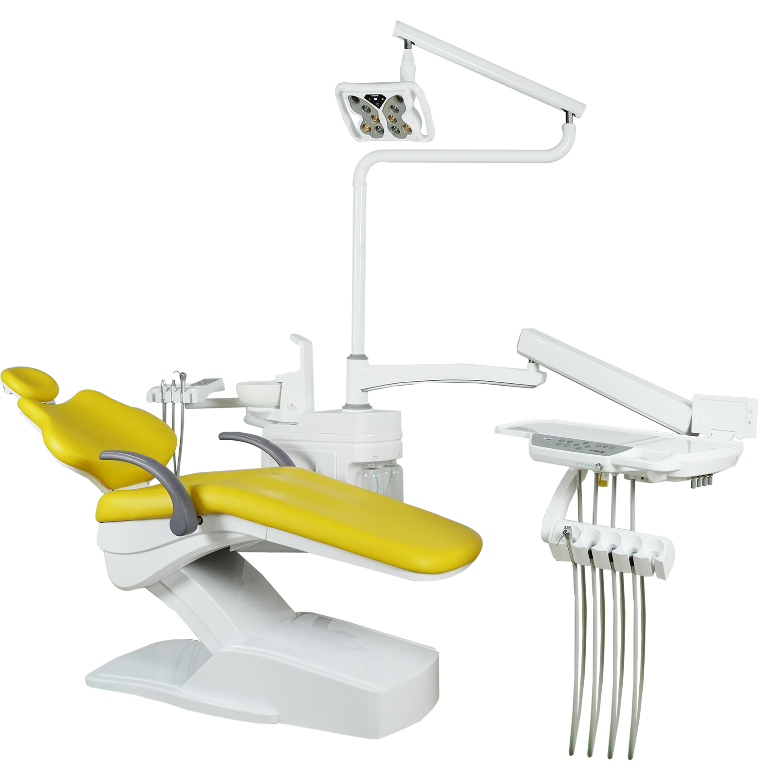 AZ211P bottom mounted dental chair system with ergonomic patient chair, dental delivery unit and LED operating light for professional dental practice