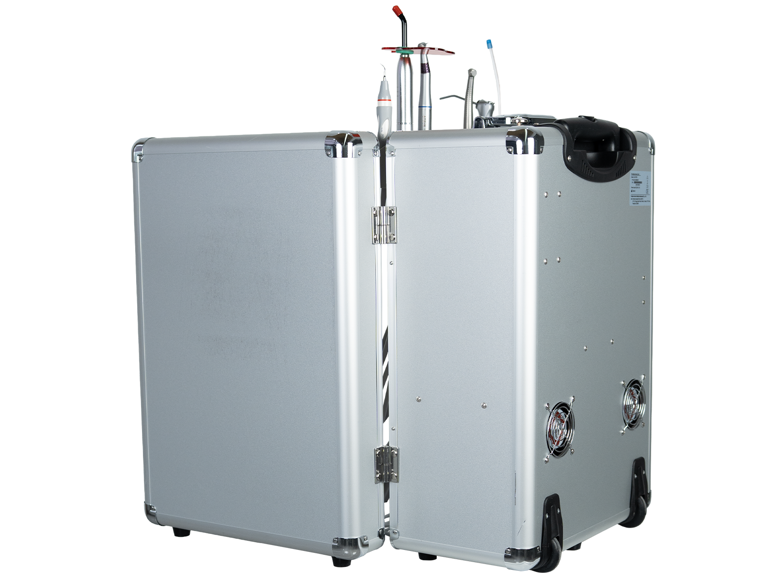 Side view detail of the AZ-AP303 mobile dental suitcase showing instrument holder layout