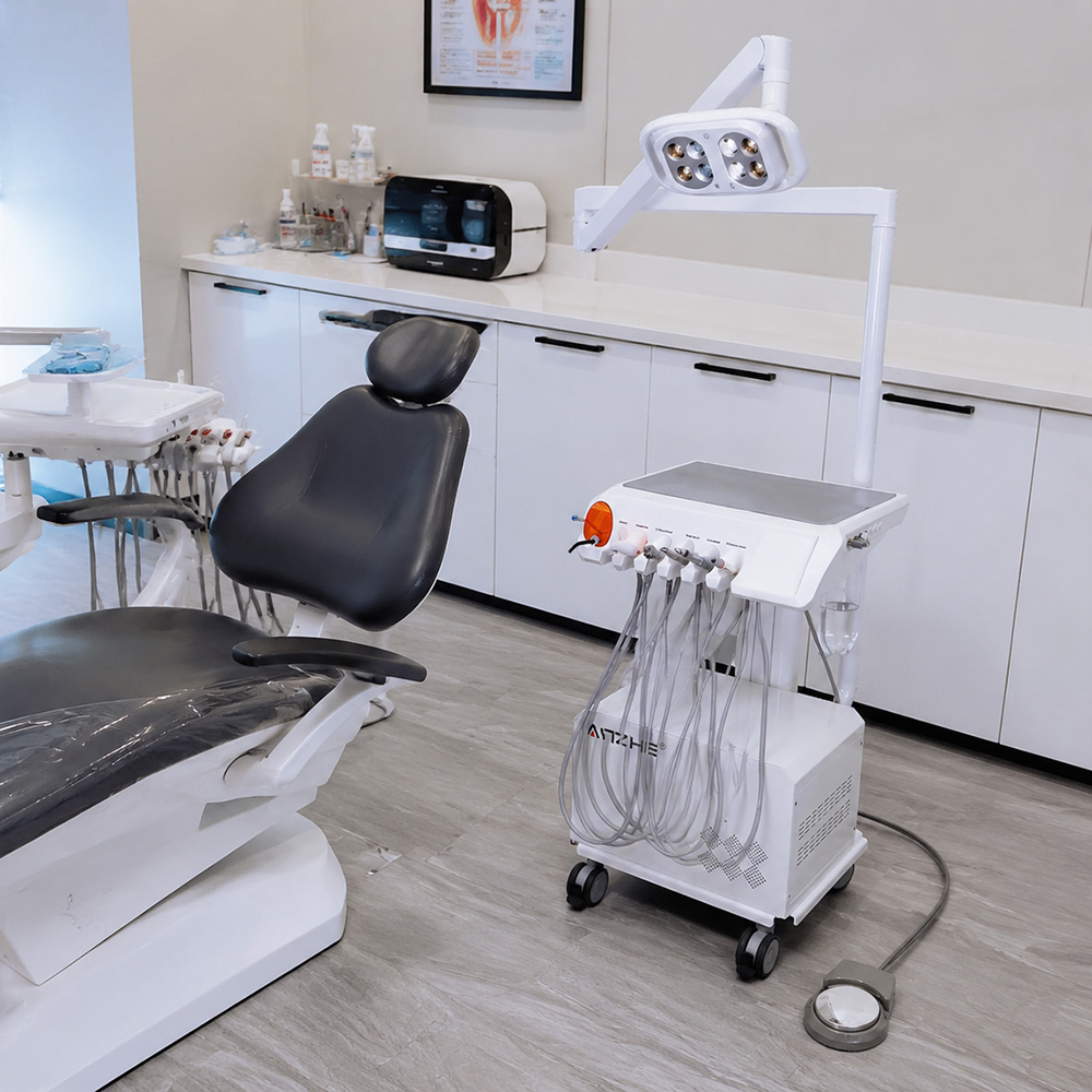 Portable Dental Unit in Modern Dental Practice AZ-AP302-7 Portable Dental Unit Installed in a Modern Dental Clinic Treatment Room
