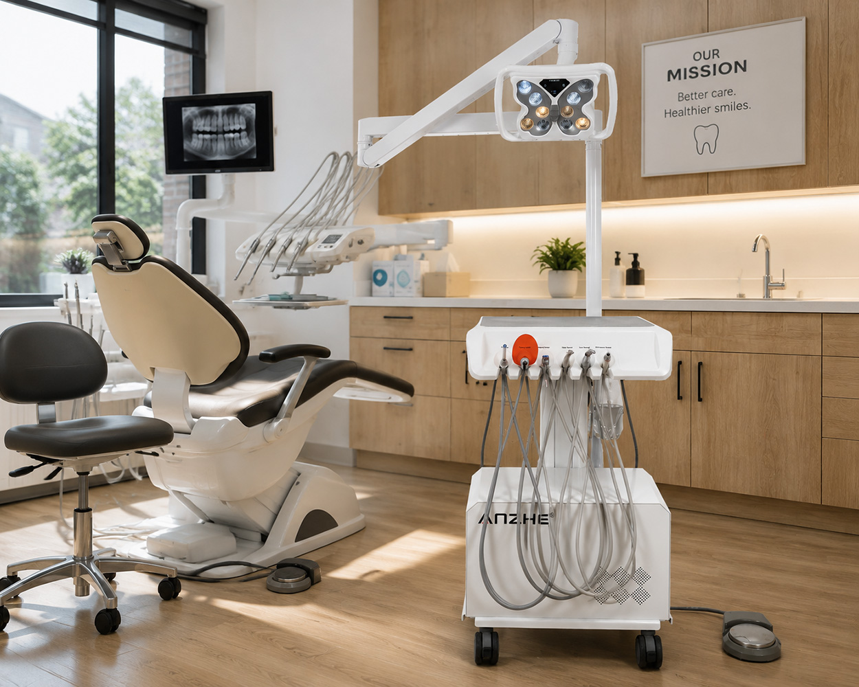 AZ-AP302-8 Portable Dental Unit with Butterfly LED Lamp in a Modern Dental Clinic Treatment Room
