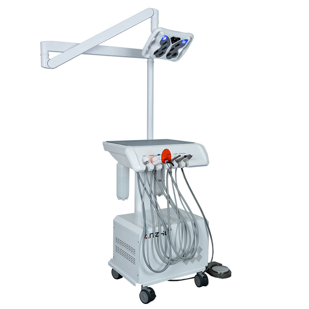 AZ-AP302-8 Mobile Dental Unit Side View Showing Integrated Compressor and Silent Wheels