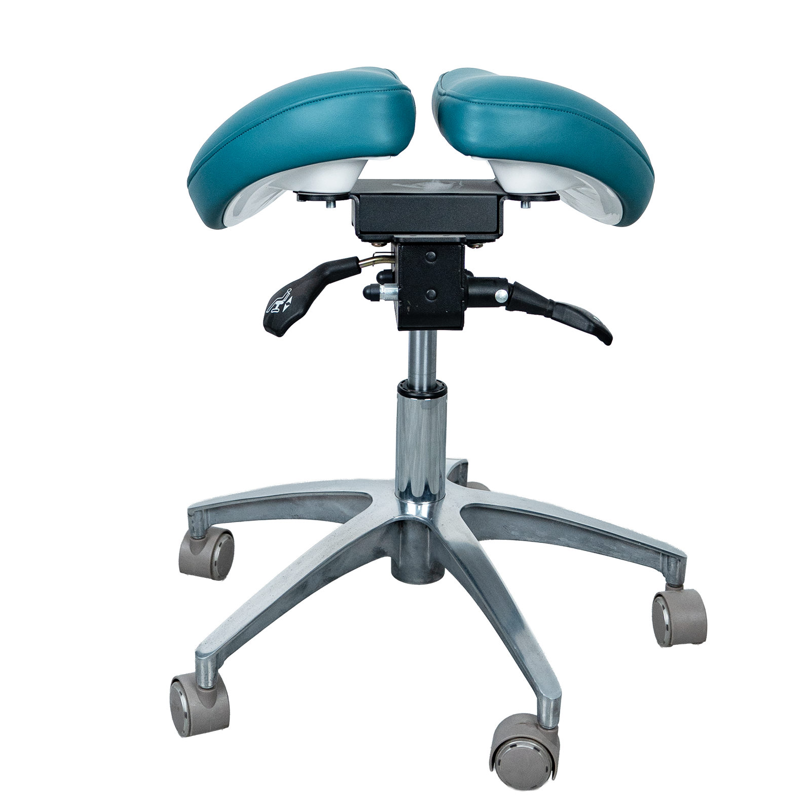 AZ-ST01-3 ergonomic split saddle stool, rear view, showing central ventilation channel and gas lift column