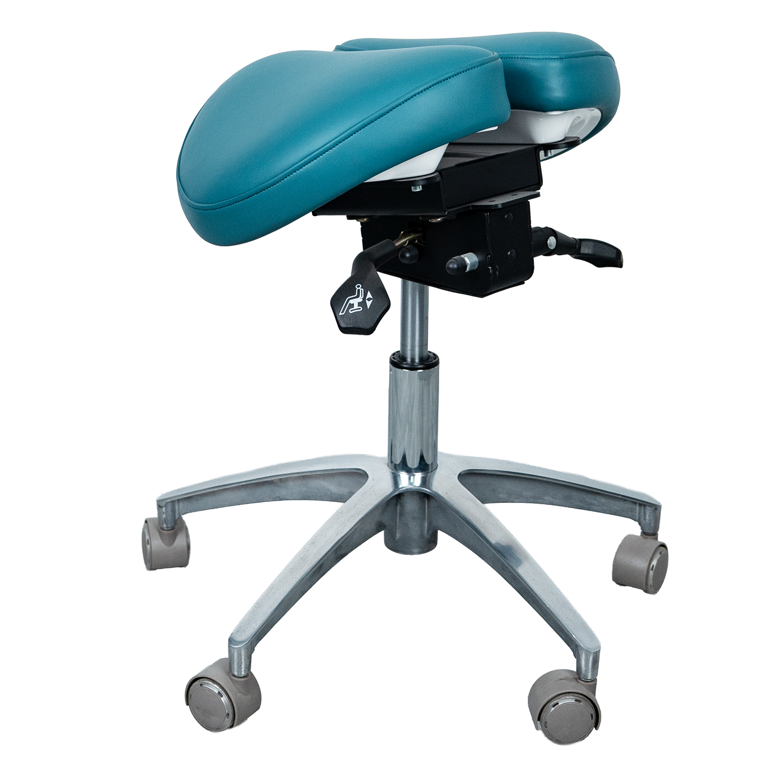 AZ-ST01-3 ergonomic split saddle stool, left side view, showing aluminum five-star base
