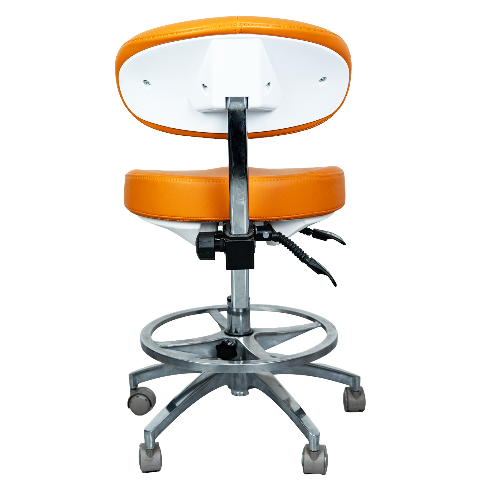 AZ-ST11-1 ergonomic microfiber leather dental stool, rear view, showing adjustable backrest tilt and height