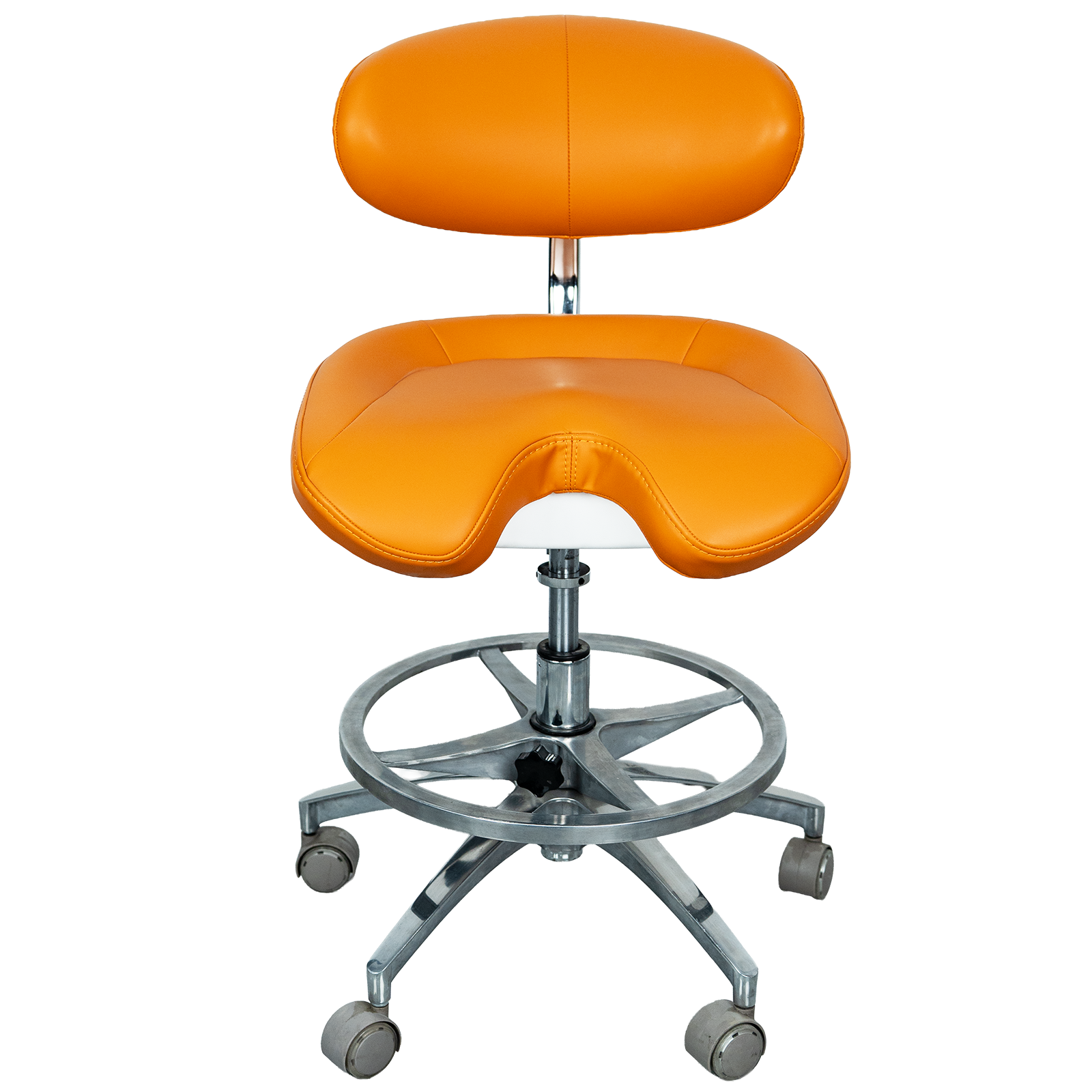 AZ-ST11-1 ergonomic microfiber leather dental stool, front view, showing molded foam saddle seat