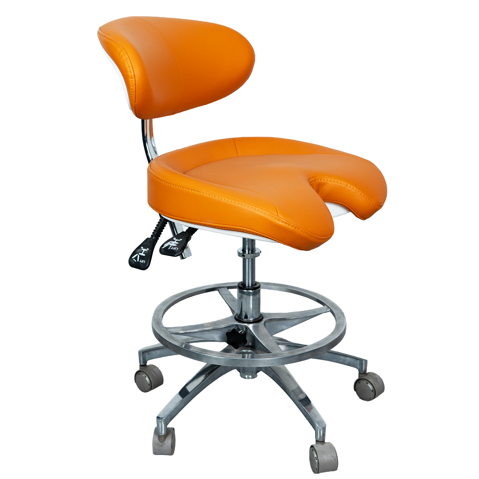 AZ-ST11-1 ergonomic microfiber leather dental stool, right side view, showing pneumatic seat height lever