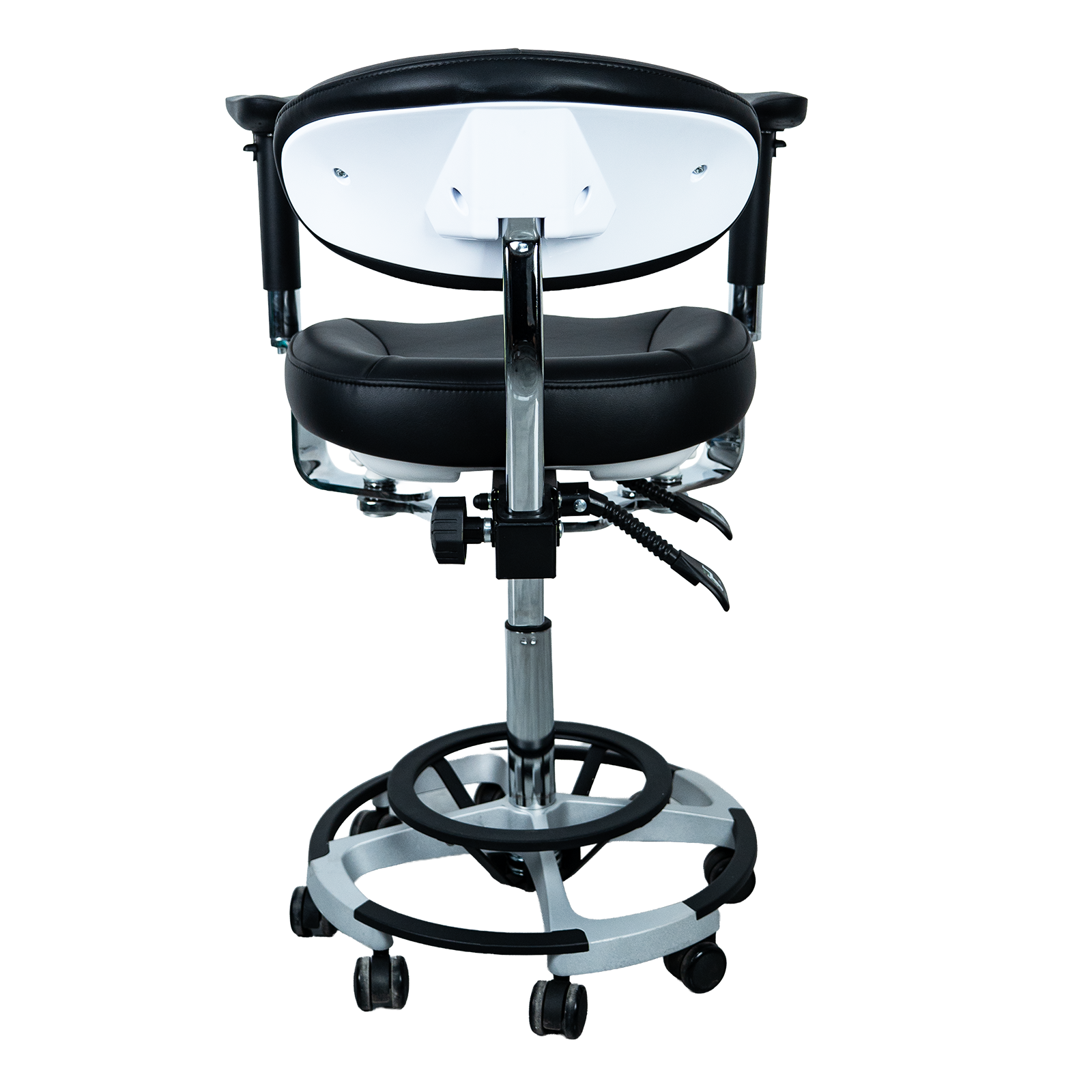 AZ-ST17-3 professional ergonomic medical dental saddle stool, rear view, showing dynamic lumbar backrest