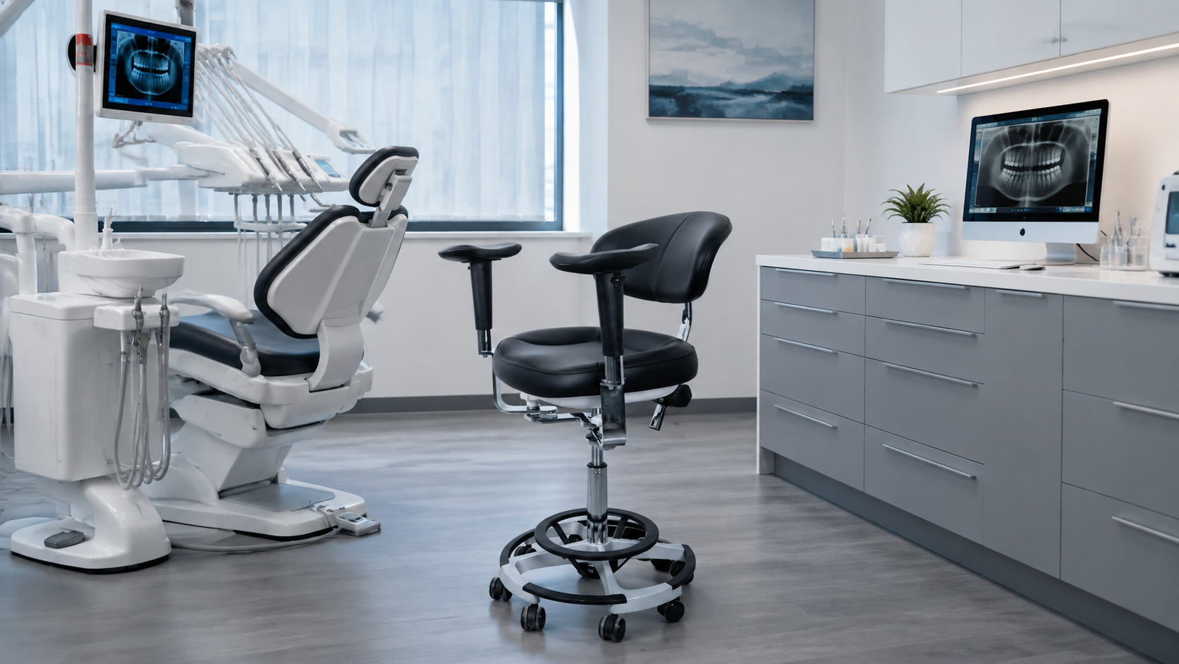 AZ-ST17-3 ergonomic saddle medical chair with adjustable armrests, front view, upholstered in cream microfiber leather