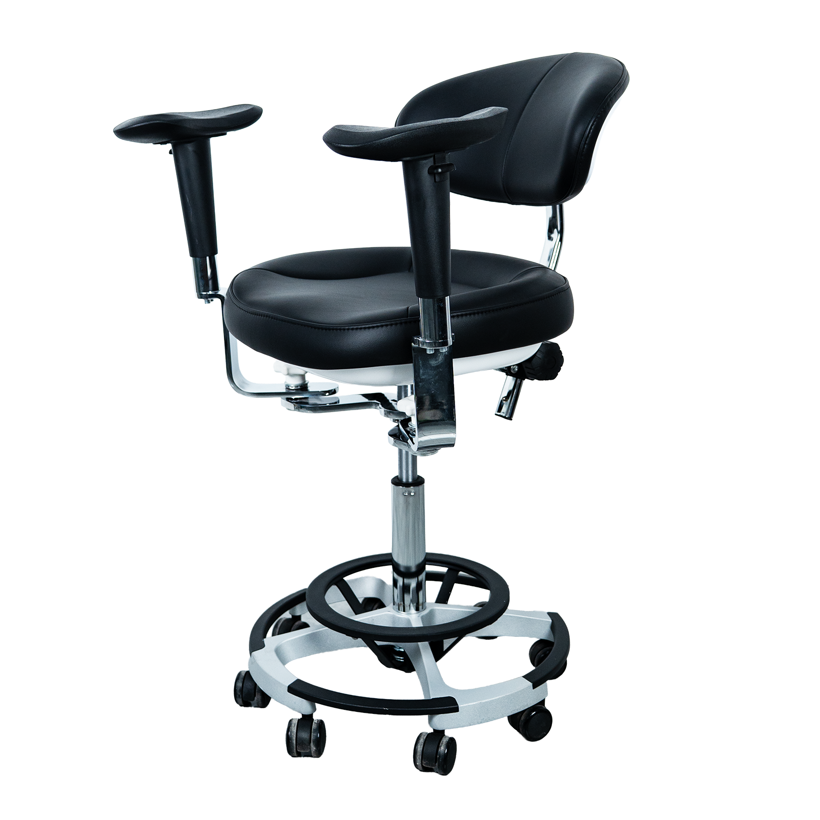 AZ-ST17-3 professional ergonomic medical dental saddle stool, left side view, showing 8-caster stability base