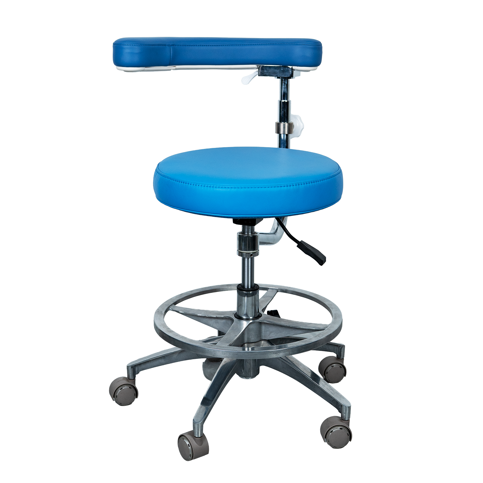 AZ-ST27 microfiber leather medical stool, front view, showing 360 degree rotating torso support arm