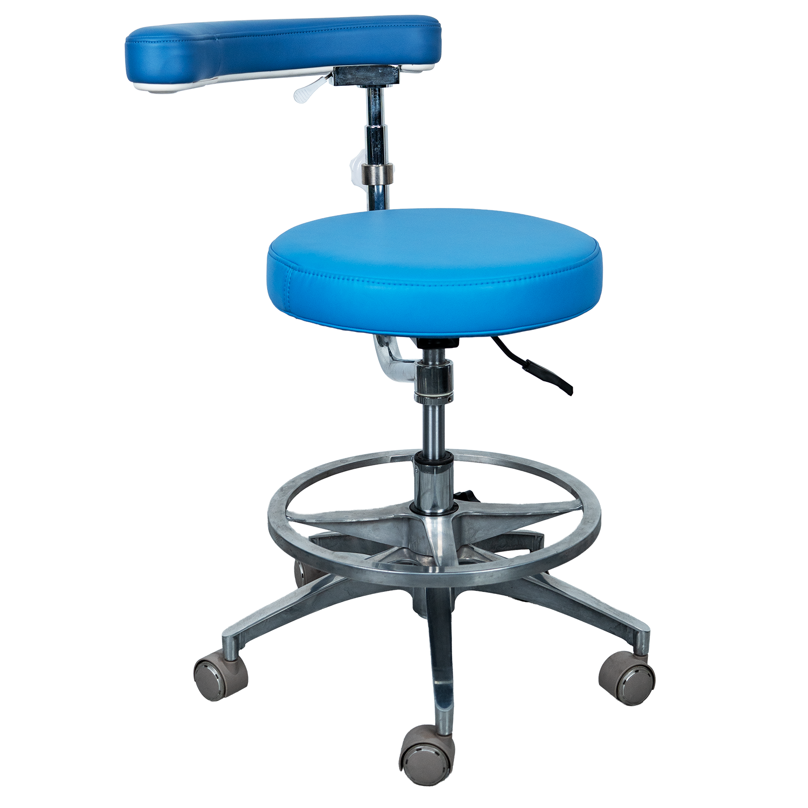 AZ-ST27 microfiber leather medical stool, right side view, showing armrest height adjustment knob