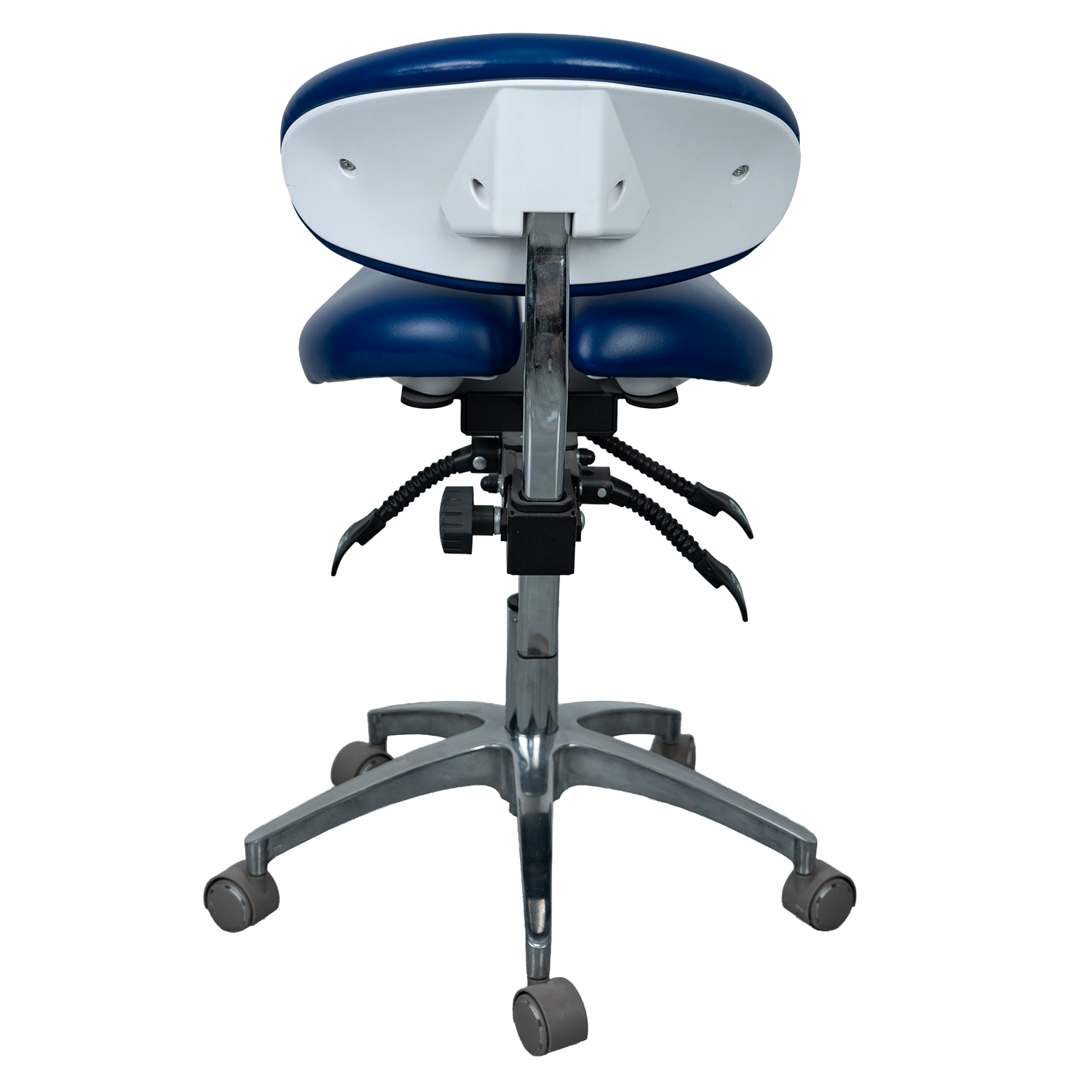 AZ-ST34 ergonomic saddle stool with PU leather finish, rear view, showing adjustable backrest depth and height