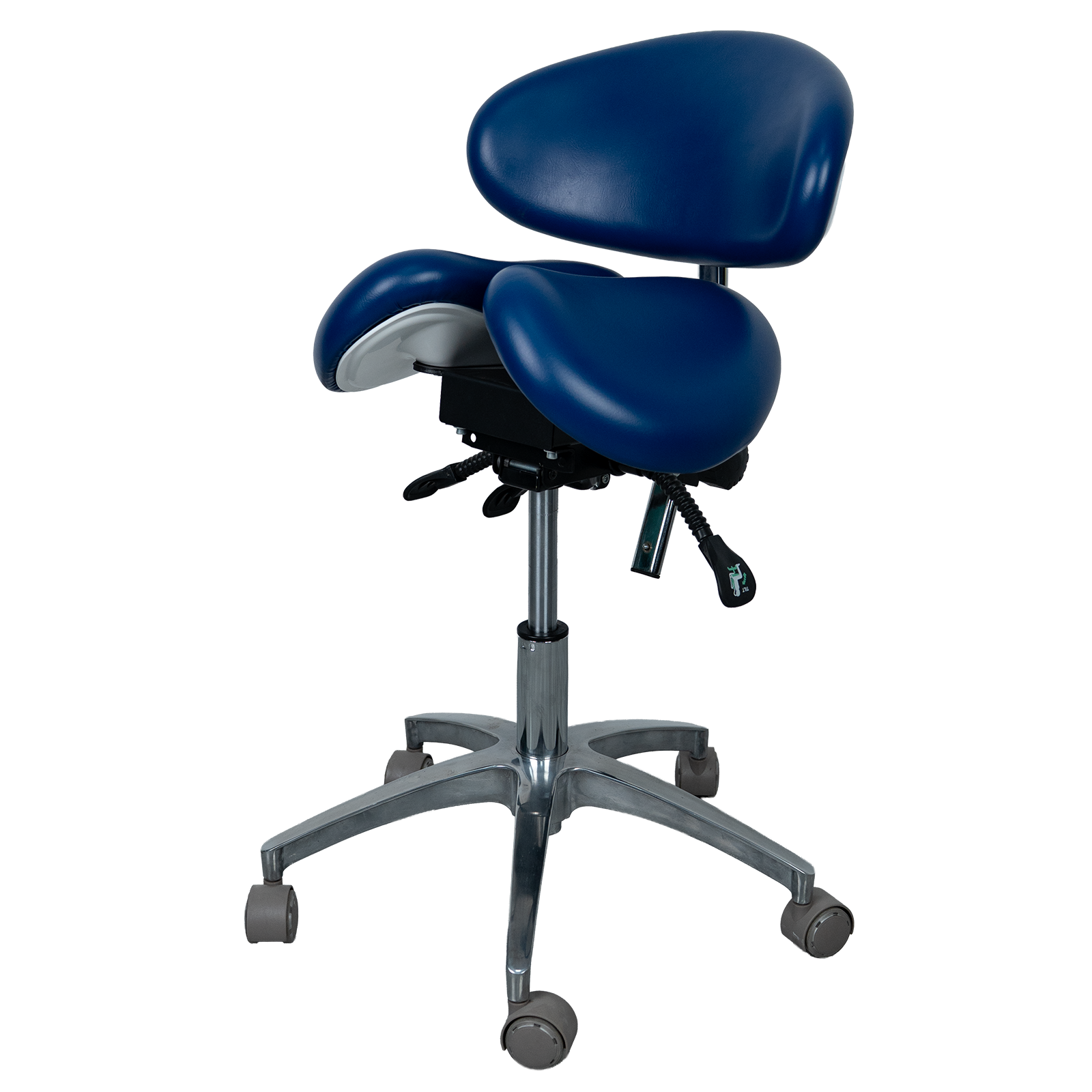 AZ-ST34 ergonomic saddle stool with PU leather finish, left side view, showing chrome five-star base