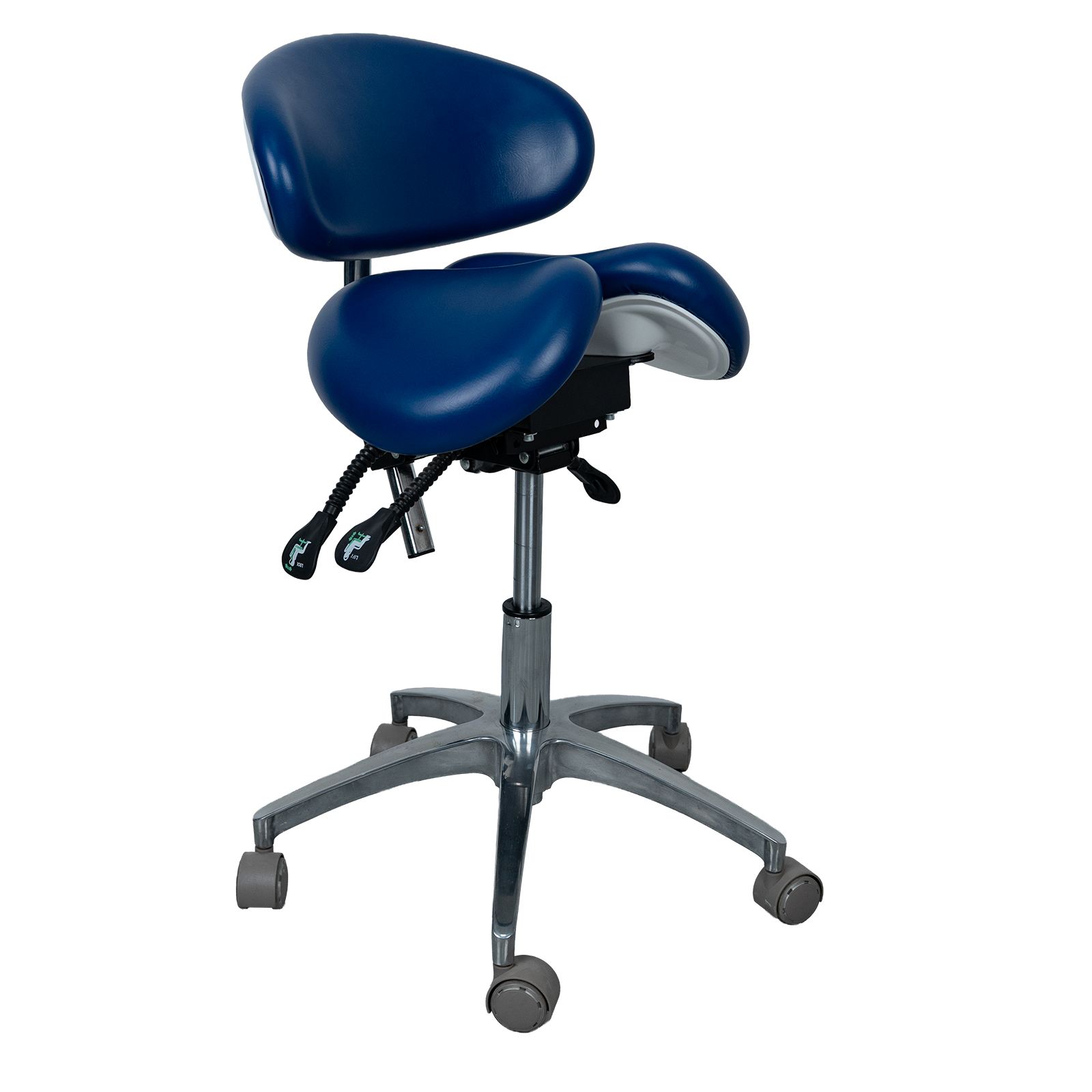 AZ-ST34 ergonomic saddle stool with PU leather finish, right side view, showing 120mm gas lift cylinder