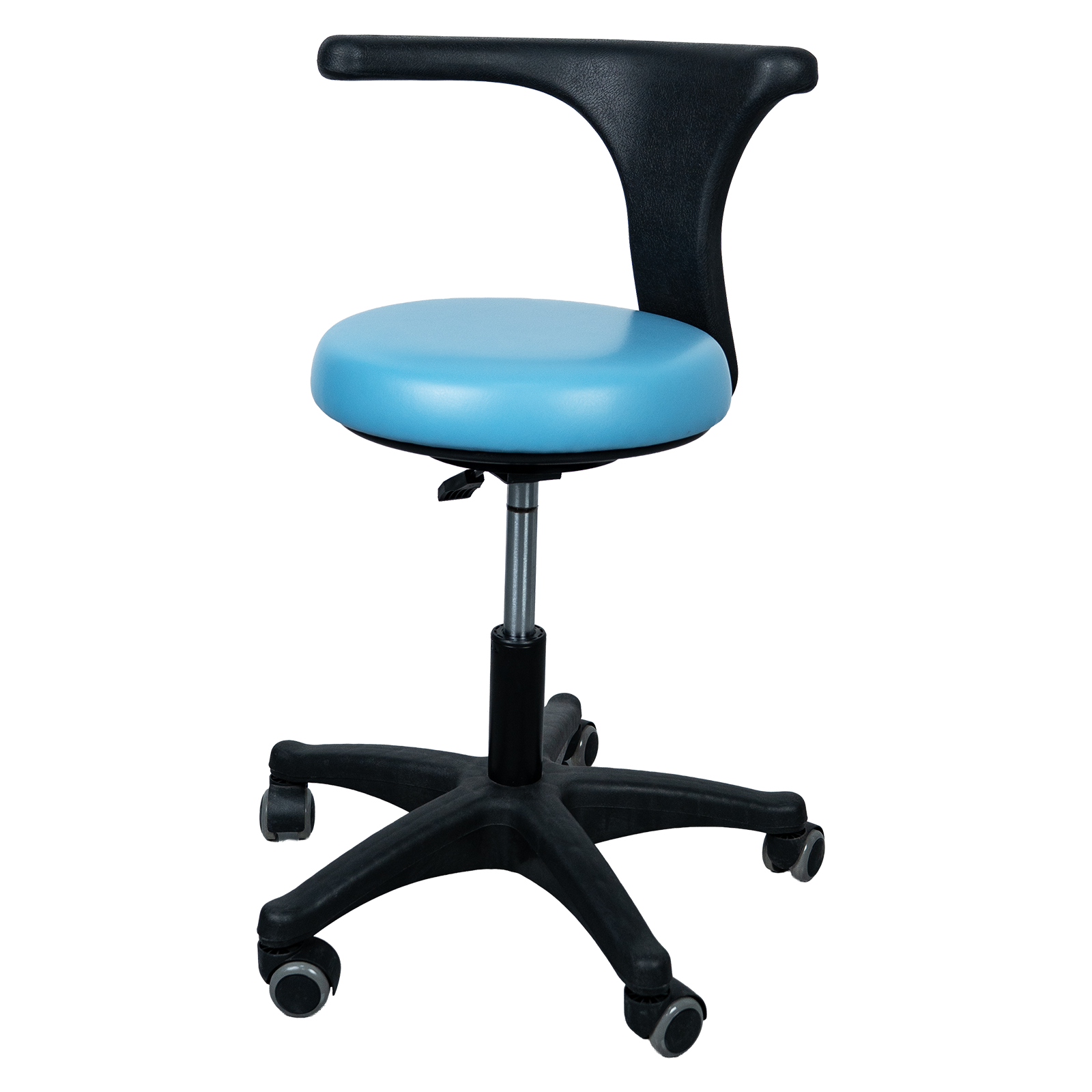 AZ-ST42 rotating swing-arm medical stool, rear view, showing PU leather cushion and pneumatic lift