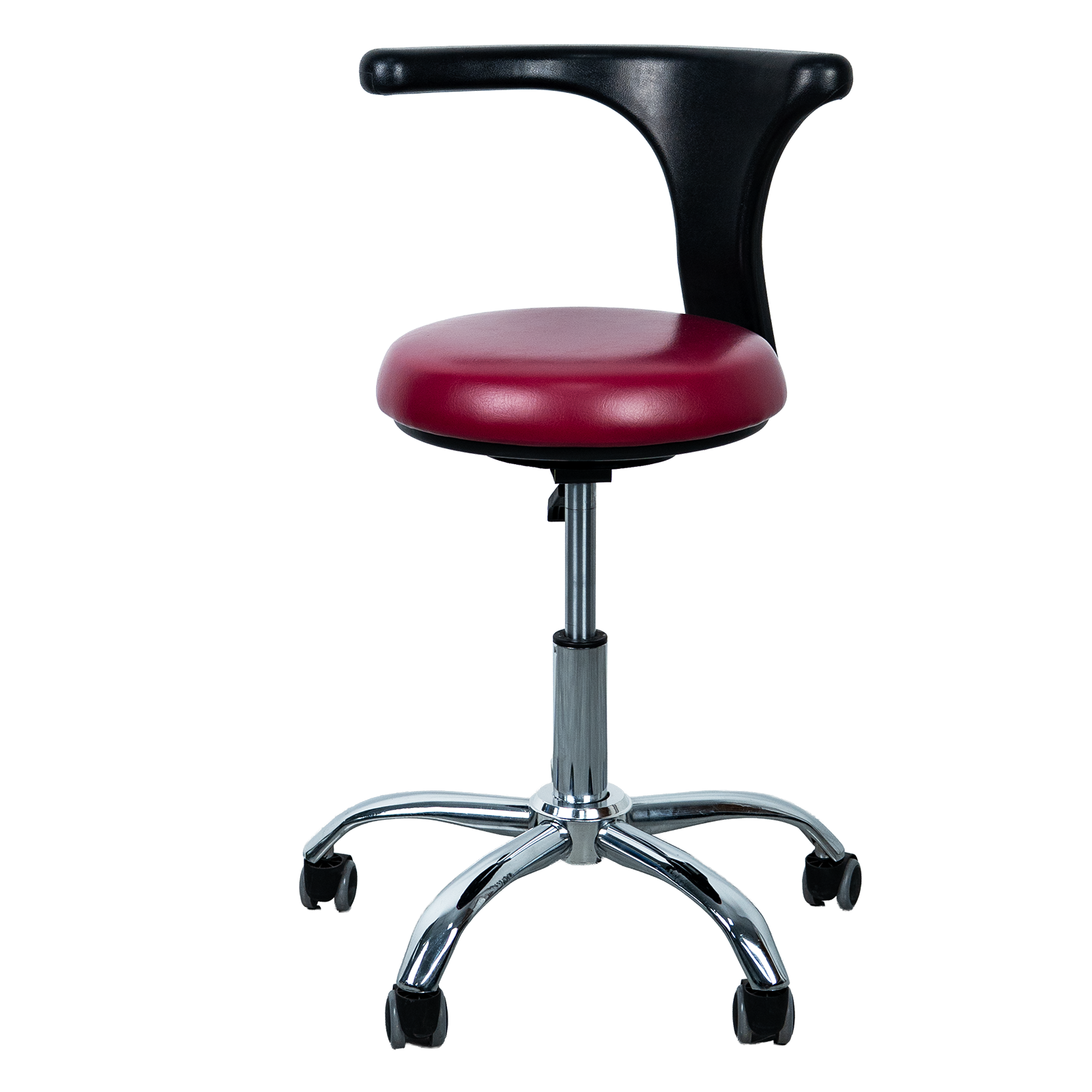 AZ-ST42 rotating swing-arm medical stool, front view, showing L-shaped 360 degree backrest armrest