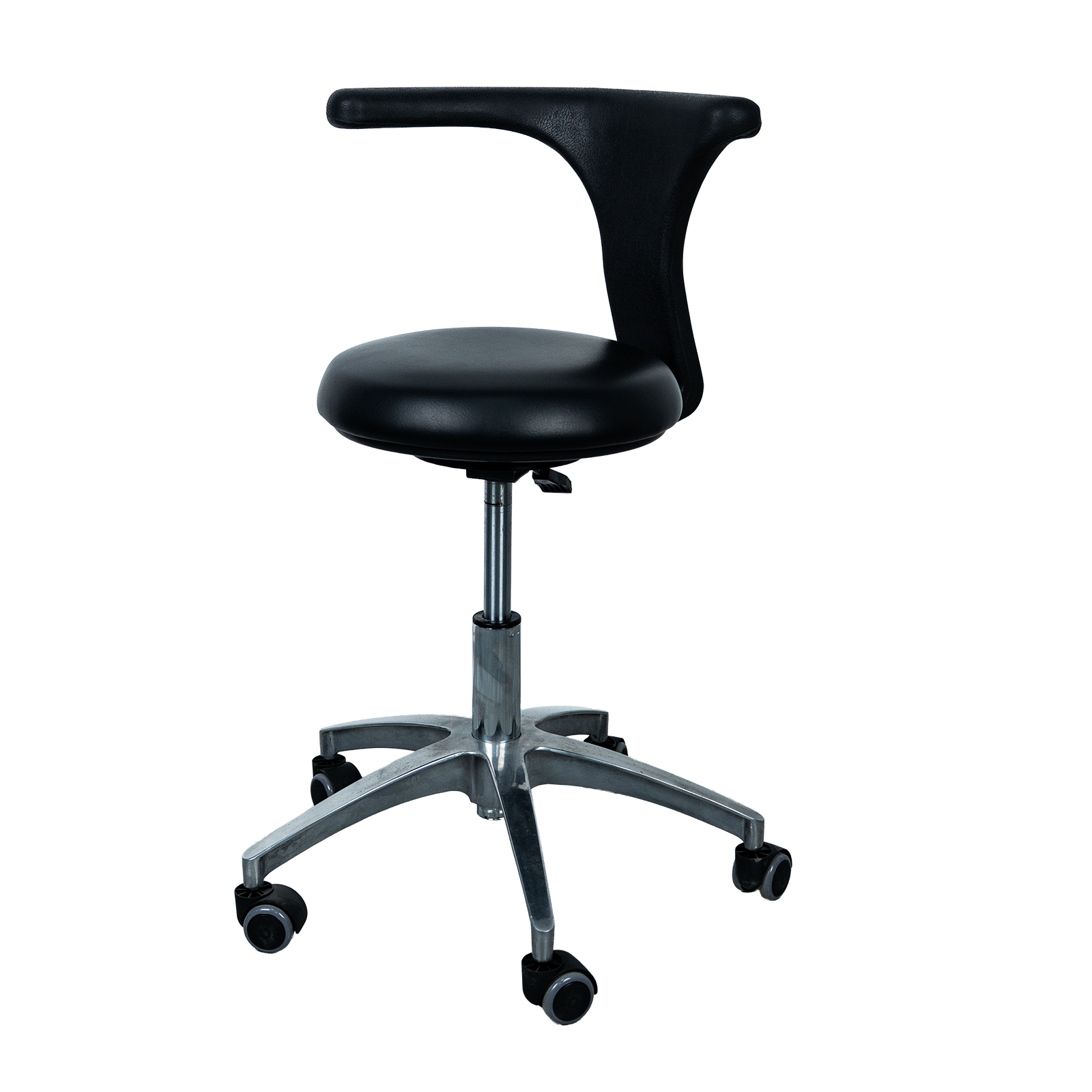 AZ-ST42 rotating swing-arm medical stool, left side view, showing electroplated chrome base option