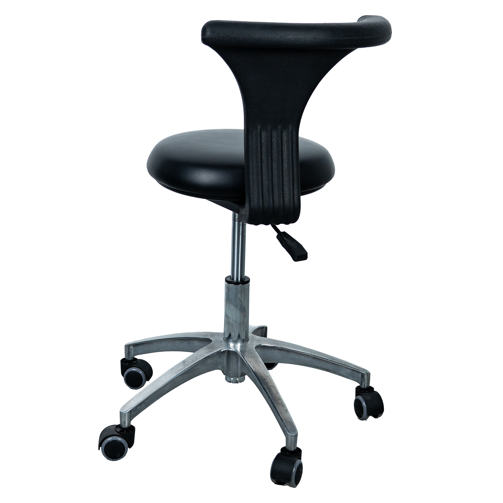 AZ-ST42 rotating swing-arm medical stool, right side view, showing smooth dual-wheel swivel casters