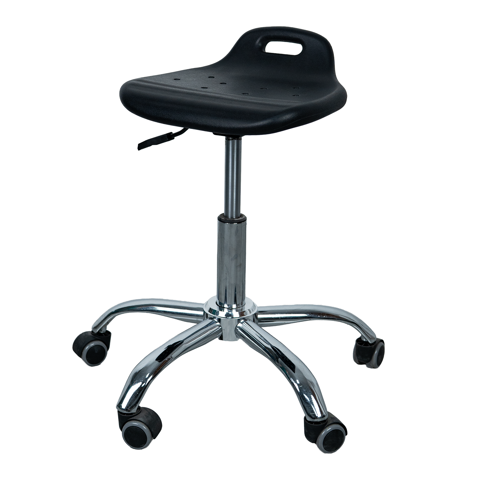 AZ-ST45 ESD anti-static stool with contoured backrest, left side view, showing chrome-plated five-star base