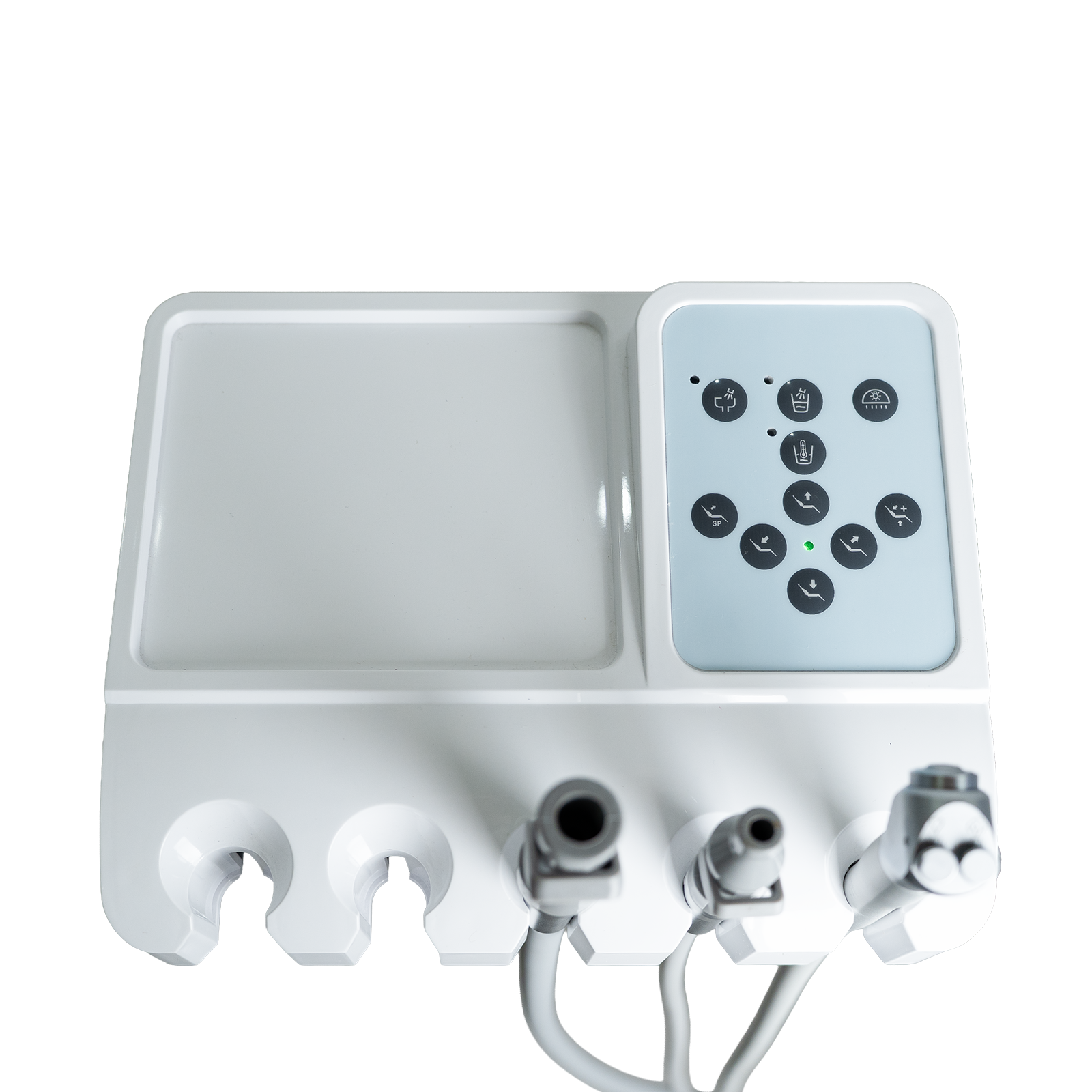 Close-up of dental assistant instrument tray and delivery unit